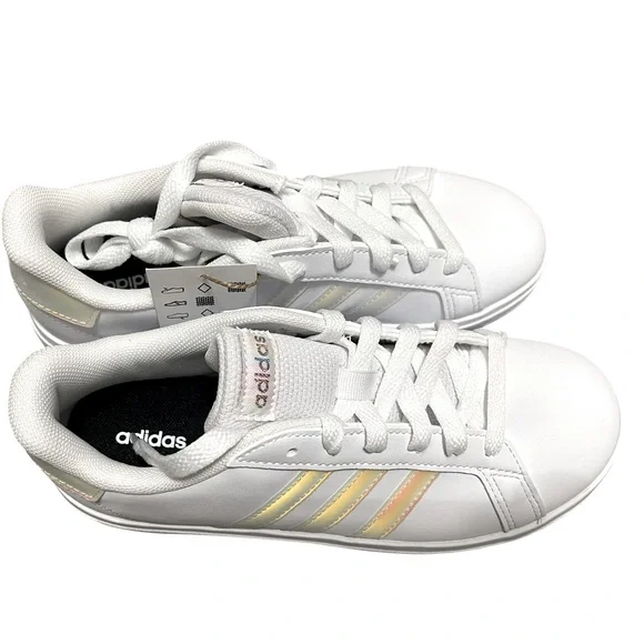 🌟🌟🌼NIB Adidas GRAND COURT 2.0 K. White Shoes with Iridescent Accents - Picture 6 of 12